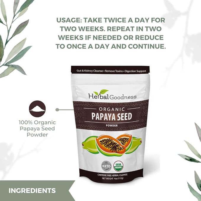 Organic Papaya Seeds Powder 4oz - 100% Natural Cleanse with Papain for Gut & Digestive Health Support - Papaya Seed for Body Detox & Colon Broom Formula - 1 Pack