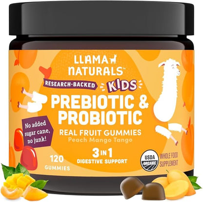Llama Naturals Real Fruit Prebiotic & Probiotic Kids Gummies | No Added Sugar Cane | Vegan Organic Synbiotics | Children Digestion, Toddler Gut Health 2B CFU | 120 ct (2-4 Months) | Peach Mango