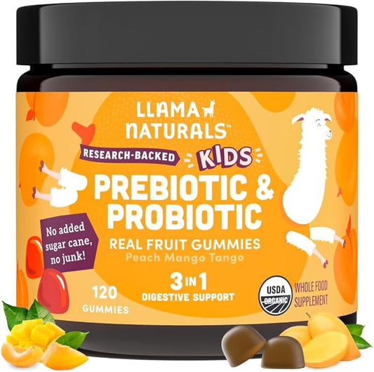 Llama Naturals Real Fruit Prebiotic & Probiotic Kids Gummies | No Added Sugar Cane | Vegan Organic Synbiotics | Children Digestion, Toddler Gut Health 2B CFU | 120 ct (2-4 Months) | Peach Mango