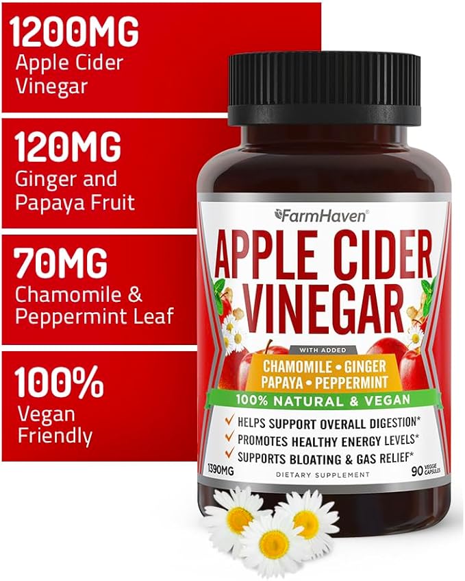 Apple Cider Vinegar Capsules With Ginger, Papaya & Chamomile | 1390mg | Improves Digestion, Energy, Immunity | Soothes Gas & Bloating Issues | Like With Mother | Non-GMO & 100% Natural | 90 Capsules
