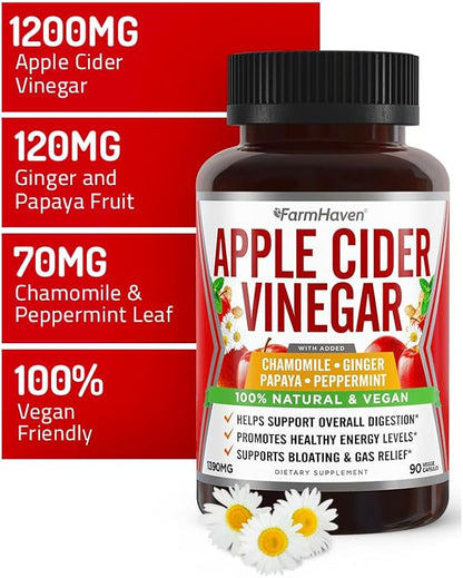 Apple Cider Vinegar Capsules With Ginger, Papaya & Chamomile | 1390mg | Improves Digestion, Energy, Immunity | Soothes Gas & Bloating Issues | Like With Mother | Non-GMO & 100% Natural | 90 Capsules