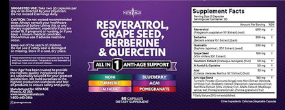 NEW AGE Resveratrol, Berberine, Grape Seed Extract, Quercetin, Polyphenol Supplement for Women and Men with Noni Extract, N-Acetyl Cysteine, Acai Extract - 120 Capsules