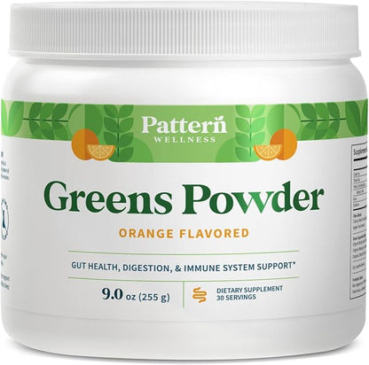 Pattern Wellness Greens Powder Superfood - Complete with Antioxidant, Digestive Enzyme, Fiber, Probiotic, & Adaptogen Blends - Gut, Digestion, & Immune System - 30 Servings - 9.0 oz (Orange Flavor)
