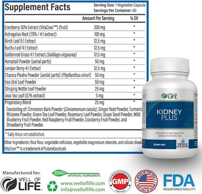 Well of Life: Kidney Plus 600mg with Cranberry Extract, Astragalus Root, Java Tea-Leaf & antioxidants for Overall Well-Being, Helps Healthy Kidney Function & Urinary Tract Wellness, 60 Capsules