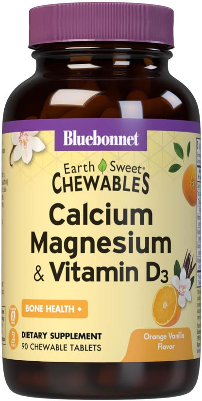 Bluebonnet Nutrition Calcium Magnesium Plus Vitamin D3 Earthsweet, Bone Health & Muscle Relaxation, Soy-Free, Gluten-Free, Kosher, Dairy-Free,90 Orange Vanilla Flavored Chewable Tablets