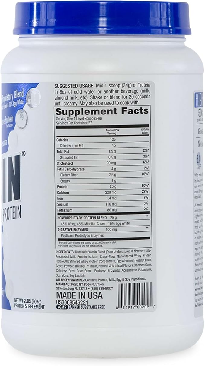 Body Nutrition Trutein High Protein Powder: 45% Whey, 45% Casein, 10% Egg White, Gluten-Free, Low Sodium, Grass Fed Whey Protein Powder, Gym Supplement & Breakfast Shake, Chocolate Peanut Butter, 2lb