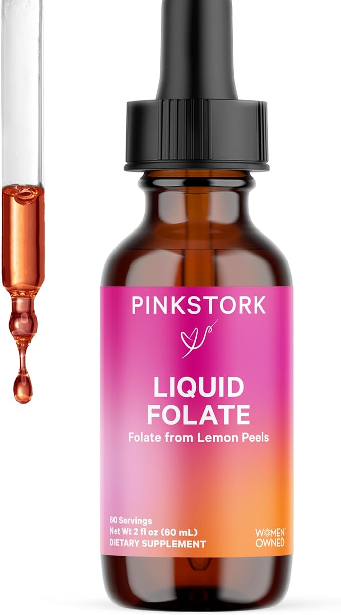 Pink Stork Liquid Folate: Whole-Food Vitamin B9 from Lemon Peels, Natural Folic Acid with Vitamin C, Liquid Prenatal Vitamins for Women, Pregnancy Must Haves, Women-Owned, 2 oz