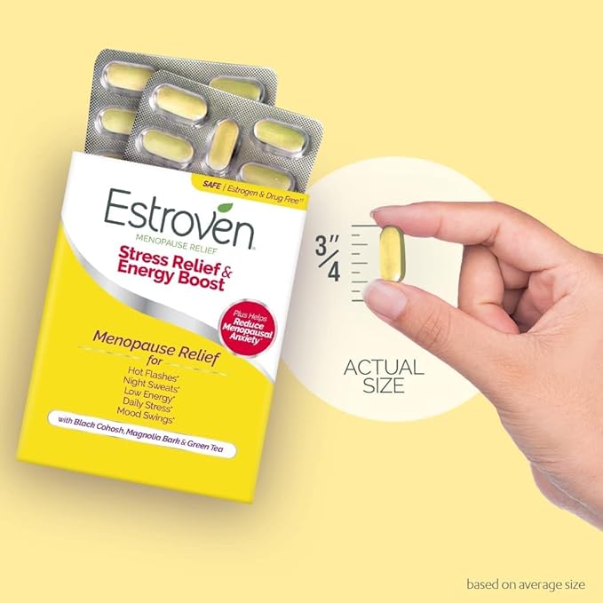 Estroven Stress Relief & Energy Boost for Menopause Relief - 28 Ct. - Clinically Proven Ingredients Provide Stress & Energy Support + Night Sweats & Hot Flash Relief - Drug-Free and Gluten-Free