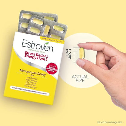 Estroven Stress Relief & Energy Boost for Menopause Relief - 28 Ct. - Clinically Proven Ingredients Provide Stress & Energy Support + Night Sweats & Hot Flash Relief - Drug-Free and Gluten-Free