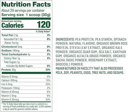 Vega Protein and Greens Protein Powder, Vanilla - 20g Plant Based Protein Plus Veggies, Vegan, Non GMO, Pea Protein for Women and Men, 1.9lbs