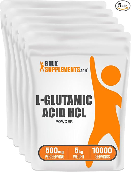 BulkSupplements.com L-Glutamic Acid HCl Powder - Amino Acids Supplement for Brain Health - Gluten Free - 500mg per Serving, Pack of 5 (5 Kilograms - 11 lbs)