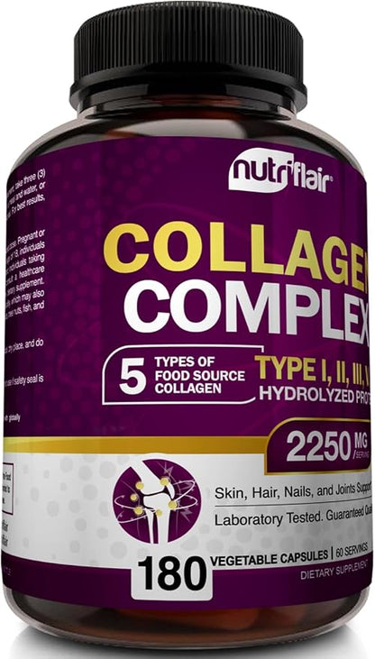 NutriFlair Multi Collagen Peptides 2250mg - Type I, II, III, V, X - Collagen Supplements Complex Powder Pills for Women and Men - Hydrolyzed Protein, Healthy Hair, Skin, Nails - Non-GMO (180 Capsules)