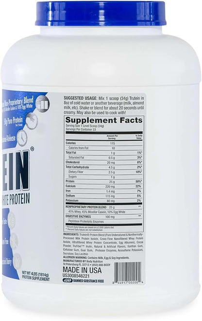 Body Nutrition Trutein High Protein Powder: 45% Whey, 45% Casein, 10% Egg White, Gluten-Free, Low Sodium, Grass Fed Whey Protein Powder, Gym Supplement & Breakfast Shake, Chocolate, 4lb