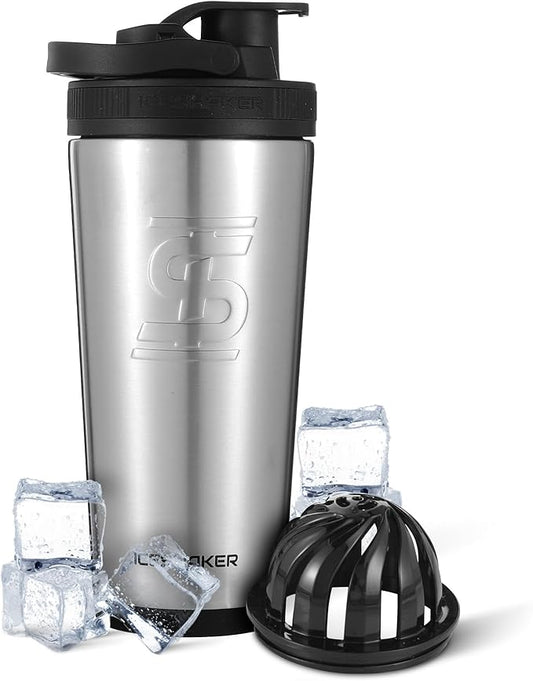 Ice Shaker Insulated Stainless Steel Shaker Bottle | 26oz , Stainles Steel | Cold for 30+ Hours | Insulated Cup with Twist-on Agitator | Odor-Free Shaker Cup for Protein Shakes, Water, Smoothies, Cocktails