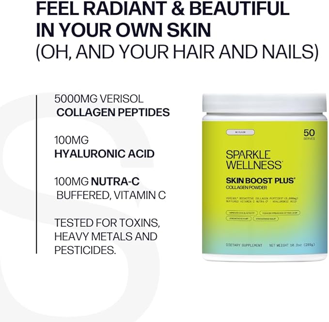 Sparkle Wellness Skin Boost Plus (No Flavor) [50-Serves] | Collagen Powder Supplement with VERISOL Bioactive Hydrolyzed Collagen Peptides, Vitamin C & Hyaluronic Acid