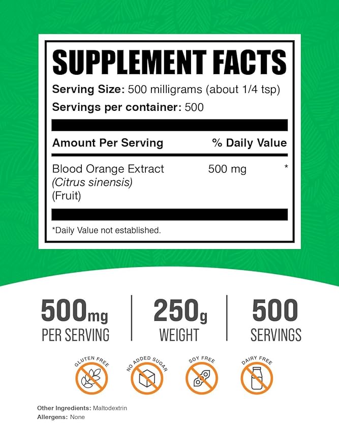 BulkSupplements.com Blood Orange Extract Powder - Blood Orange Supplement, Blood Orange Powder - Antioxidant Support, Gluten Free - 500mg per Serving, 250g (8.8 oz) (Pack of 1)