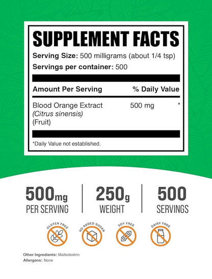 BulkSupplements.com Blood Orange Extract Powder - Blood Orange Supplement, Blood Orange Powder - Antioxidant Support, Gluten Free - 500mg per Serving, 250g (8.8 oz) (Pack of 1)