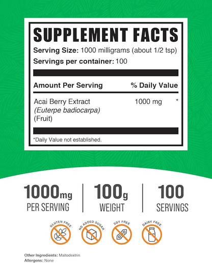 BulkSupplements.com Acai Berry Extract Powder - Antioxidants Supplement, Acai Powder - Acai Berry Powder, Gluten Free -1000mg per Serving, 100g (3.5 oz) (Pack of 1)