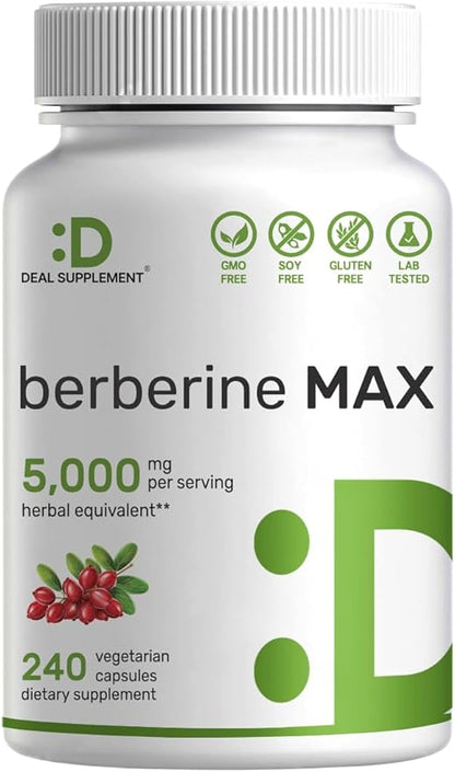 Deal Supplement Berberine Max Supplement with Turmeric, 5,000mg Per Serving, 240 Veggie Capsules – 97% Pure Berberine HCL – 25:1 Berberine Root Extract – Vegetarian Friendly, Non-GMO