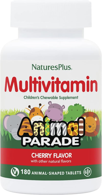 Natures Plus Animal Parade Children's Chewable Multivitamin - Cherry Flavor - 180 Animal-Shaped Tablets - Promotes Health & Well-Being - Vegetarian, Gluten Free - 90 Servings