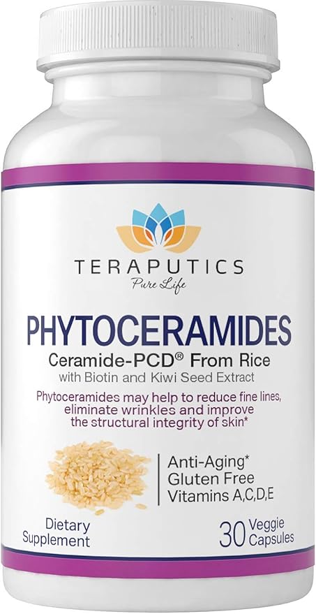 Phytoceramides Ceramide-PCD® Made From Rice - w/ Biotin and Kiwi Seed - Non GMO Gluten Free Hair Skin and Nails Vitamin, Reduce Fine Lines & Wrinkles, Strengthen Hair & Nails, 30 Veggie Capsules