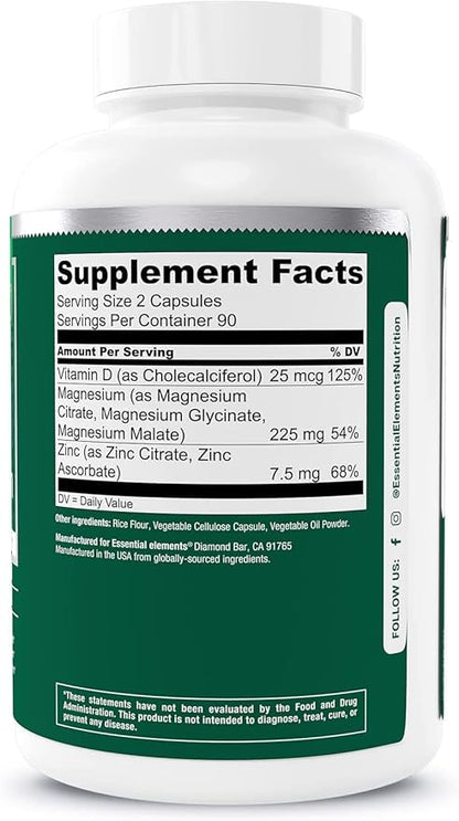 Essential Elements Magnesium & Zinc with Vitamin D3 for Sleep Immune & Bone Support - Magnesium Glycinate, Malate, Citrate 225mg - Triple Magnesium Supplement for Women and Men - 6 Month Supply