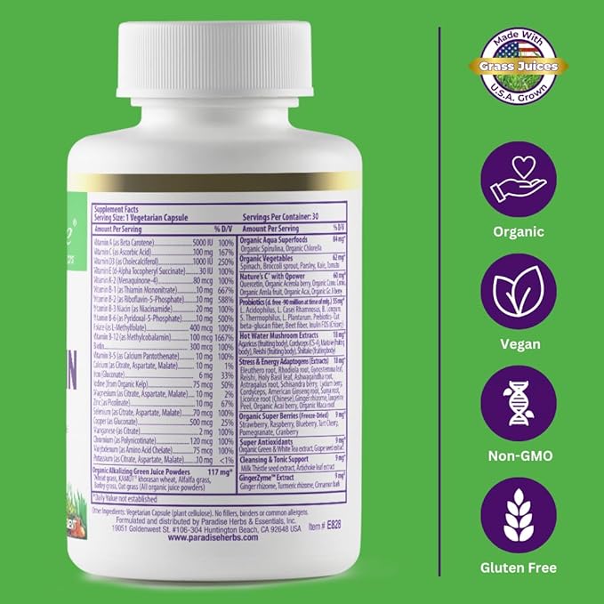 Paradise Herbs Earth's Blend Women's One Daily Multivitamin with Iron, 48 Organic Superfoods, Probiotics, Antioxidants, Vitamins A, B12, C, D, K2, Daily Superfood, 30 Capsules