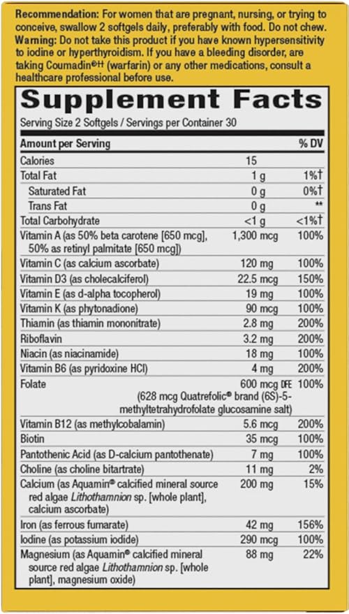 Nature's Way Alive! Complete Premium Prenatal Multivitamin for Women, Healthy Eye and Brain Development*, 60 Vegetarian Softgels