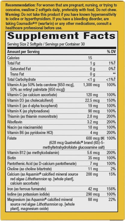 Nature's Way Alive! Complete Premium Prenatal Multivitamin for Women, Healthy Eye and Brain Development*, 60 Vegetarian Softgels