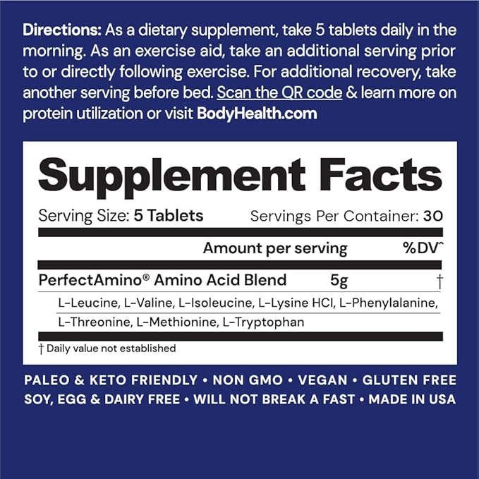BodyHealth PerfectAmino Tablets (150ct Plus 30ct Travel Bottle), Essential Amino Acid with BCAAs + Lysine, Phenylalanine, Threonine, Methionine, Tryptophan, Supplement for Recovery & Strength