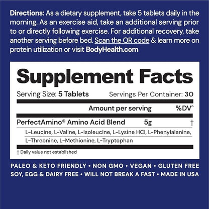 BodyHealth PerfectAmino Tablets (150ct Plus 30ct Travel Bottle), Essential Amino Acid with BCAAs + Lysine, Phenylalanine, Threonine, Methionine, Tryptophan, Supplement for Recovery & Strength
