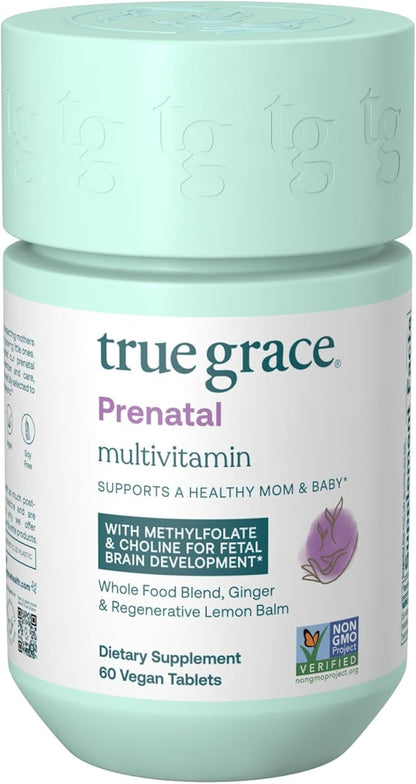 True Grace Prenatal Multivitamin - 60 Vegan Tablets - Supports a Healthy Mom & Baby with Methylfolate & Choline for Fetal Brain Development - Gluten Free, Soy Free - 30 Servings