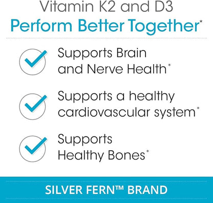 Silver Fern Vitamin K2-D3 Supplement Brand - Natural, Non-Synthetic - K2-7 as Menaquinone-7 (MK-7) - D3 as cholecalciferol - Bone, Heart & Energy Support (1 Bottle - 30 Capsules - 30 Servings)