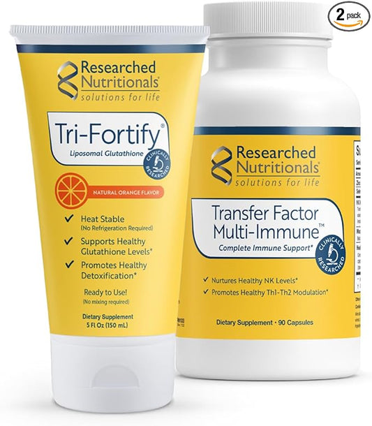 Researched Nutritionals Liposomal Glutathione Liquid + Colostrum & Mushrooms Supplement for Immune Support - Enhanced Immunity Duo - Tri-Fortify Orange + Transfer Factor Multi-Immune (2 Piece Set)