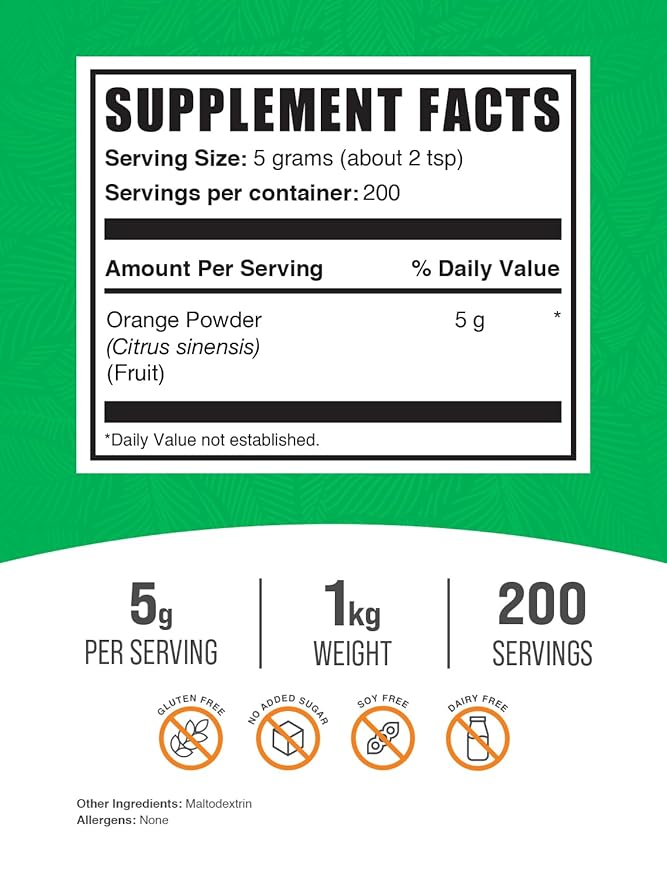 BulkSupplements.com Orange Powder - Orange Fruit Powder, Orange Supplement Powder - Nutrient-Rich Flavoring, Gluten Free, 5g per Serving, 1kg (2.2 lbs) (Pack of 1)