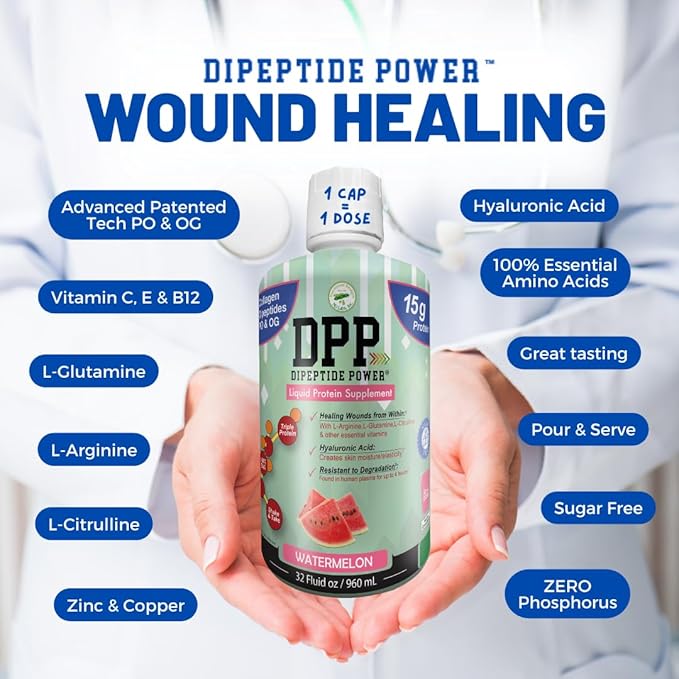 Nutritional Designs DPP Dipeptide, Wound-Healing Liquid Collagen & Whey Protein Supplement, Sugar-Free, Promotes Healthy Skin & Hair for Men & Women (Watermelon, Bottle 32 Fl Oz)
