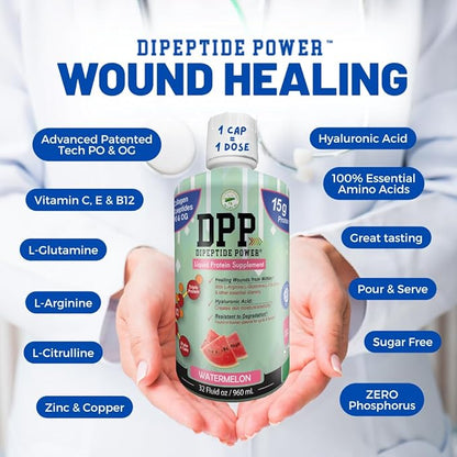 Nutritional Designs DPP Dipeptide, Wound-Healing Liquid Collagen & Whey Protein Supplement, Sugar-Free, Promotes Healthy Skin & Hair for Men & Women (Watermelon, Bottle 32 Fl Oz)