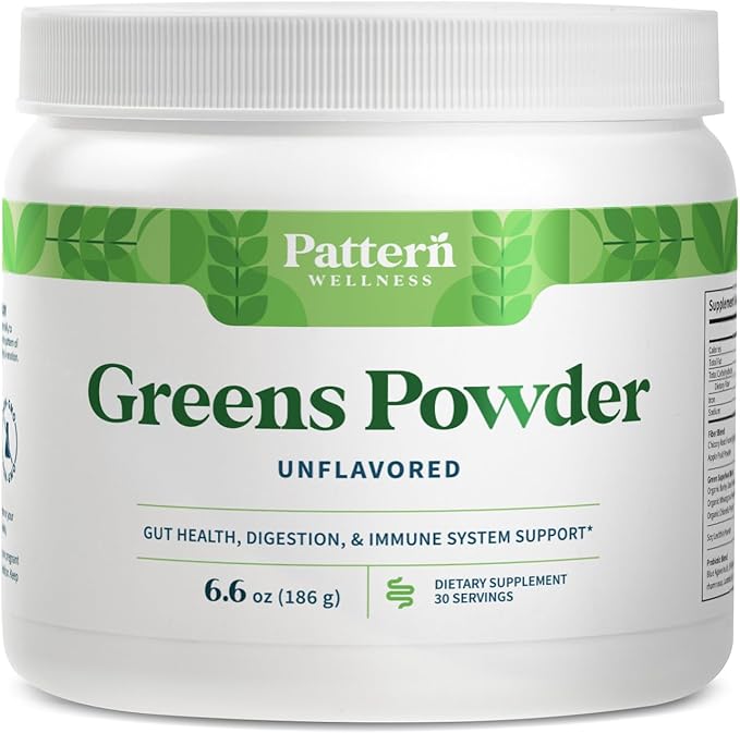 Pattern Wellness Greens Powder Superfood - Complete with Antioxidant, Digestive Enzyme, Fiber, Probiotic, & Adaptogen Blends - Gut, Digestion, & Immune System - 30 Servings - 6.6 oz (Unflavored)