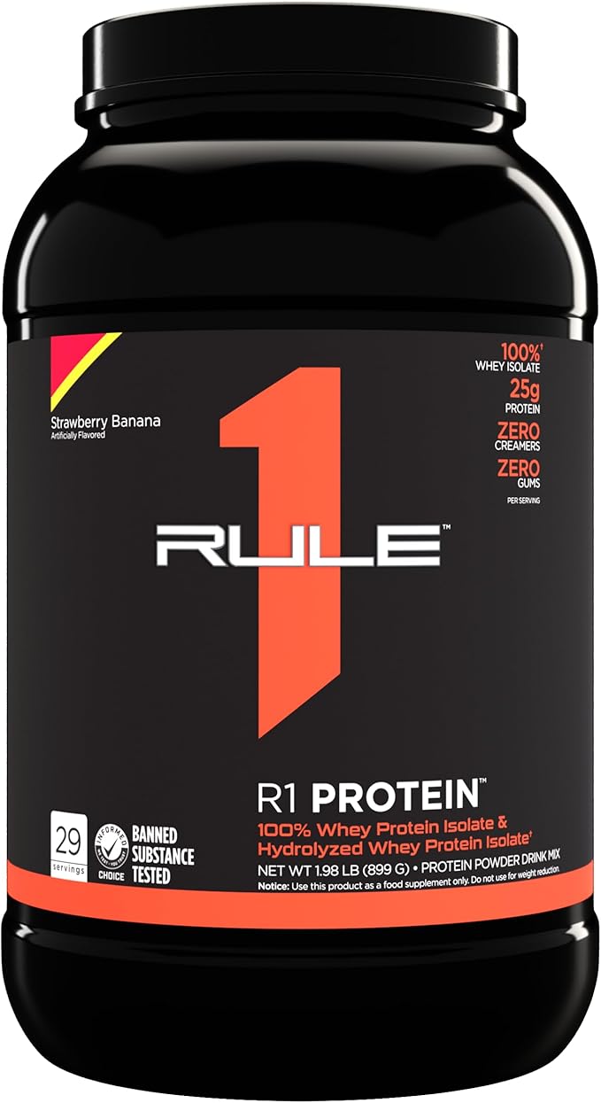 Rule One Proteins R1 Protein - 25g Fast-Acting, Super-Pure 100% Isolate and Hydrolysate Protein Powder with 6g BCAAs (2 Pounds*, Strawberry Banana)