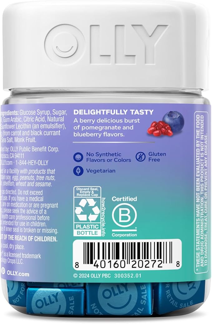 OLLY Chill Thinker Brainy Chews, Plus L-Theanine, Magnesium & Omega-3 for a Relaxed State of Mind, Pomegranate Blueberry Flavor, 20 Count