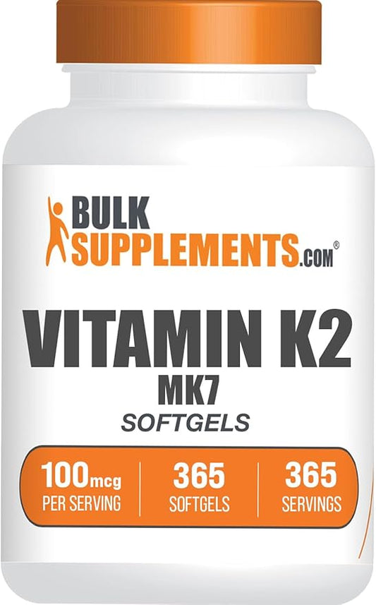 BulkSupplements.com Vitamin K2 Softgels - Vitamin K2 MK7, Vitamin K2 Supplement, MK7 Vitamin K2 for Bones - Gluten Free, Vitamin K2 100 mcg, 1 Softgel per Serving, 365 Count (Pack of 1)