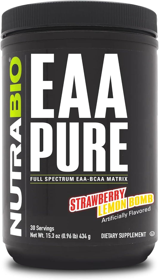 NutraBio – EAA Pure – 9 Amino Acids – Muscle Repair and Recovery, 30 Servings, Strawberry Lemon Bomb – Pre or Post Workout – All Day Recovery