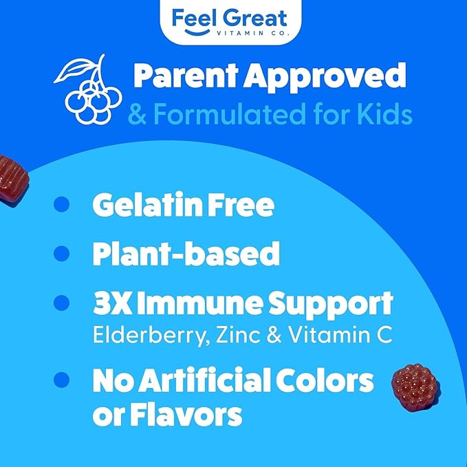 Feel Great Kids Elderberry Gummies with Zinc and Vitamin C | Kids Immune Support Sambucus Elderberry Gummies | Berry Flavored Vegan Kids Multivitamins | 60 Day Supply