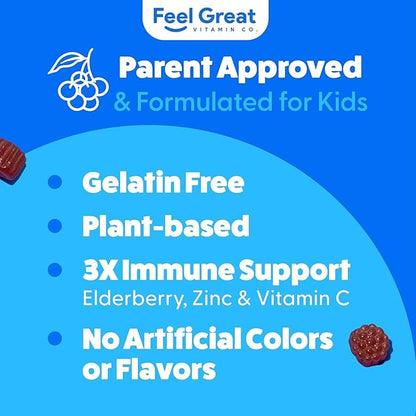Feel Great Kids Elderberry Gummies with Zinc and Vitamin C | Kids Immune Support Sambucus Elderberry Gummies | Berry Flavored Vegan Kids Multivitamins | 60 Day Supply