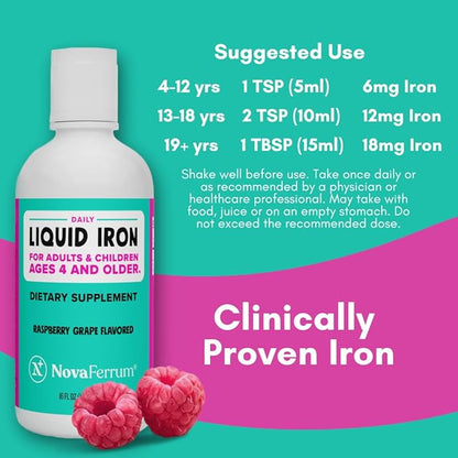 NovaFerrum Yummy 16 Fl Oz | Liquid Iron Supplement for Ages 4 & Up | 18mg of Iron/Tbsp | Gluten Free | Sugar-Free | Raspberry Grape