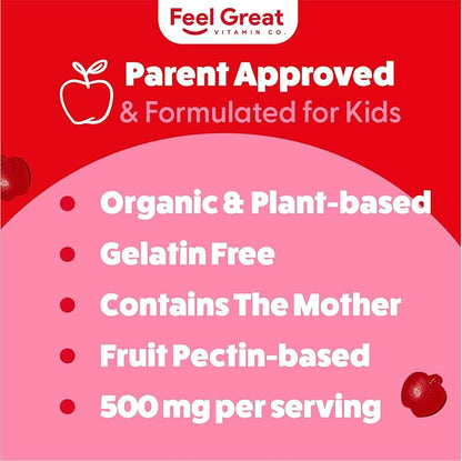 Organic Kids Apple Cider Vinegar Gummies by Feel Great Vitamins | Rich in Digestive Enzymes & Natural Antioxidants for Gut Health | Kids Gummy Supports Healthy Nutrient Absorption | 60 Day Supply