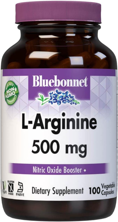Bluebonnet Nutrition L-Arginine 500mg, Free-Form Amino Acid, Nitric Oxide Precursor*, Soy-Free, Gluten-Free, Non-GMO, Kosher Certified, Vegan, 100 Vegetable Capsules, 100 Servings, White