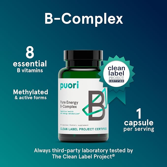 Puori Pure Energy Vitamin B-Complex with 8 Essential Vitamins - Active & Methylated B Vitamins (Thiamin, Riboflavin, Niacin, B6, Folate & B12) - Biotin, Inositol, Pantothenic Acid & Choline