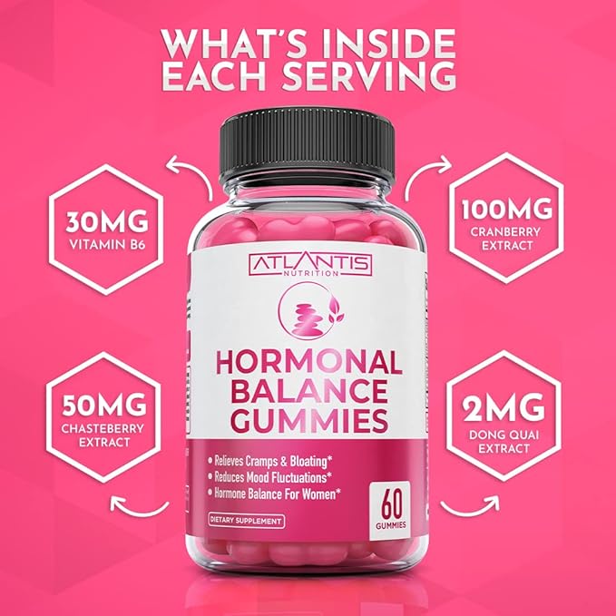 Hormonal Balance For Women & PMS Relief Gummies - Alleviates Cramps, Bloating, Mood Swings, Hot Flashes & Night Sweats - Formulated With Cranberry, Dong Quai & Chasteberry - Menstrual Cramp Relief