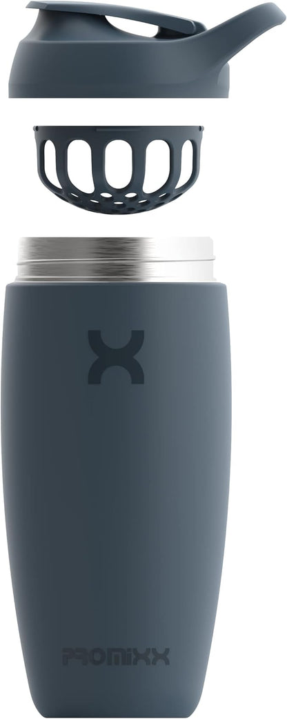 Promixx Pursuit Shaker Bottle Insulated Stainless Steel Water Bottle and Blender Cup, 18oz, Midnight Blue